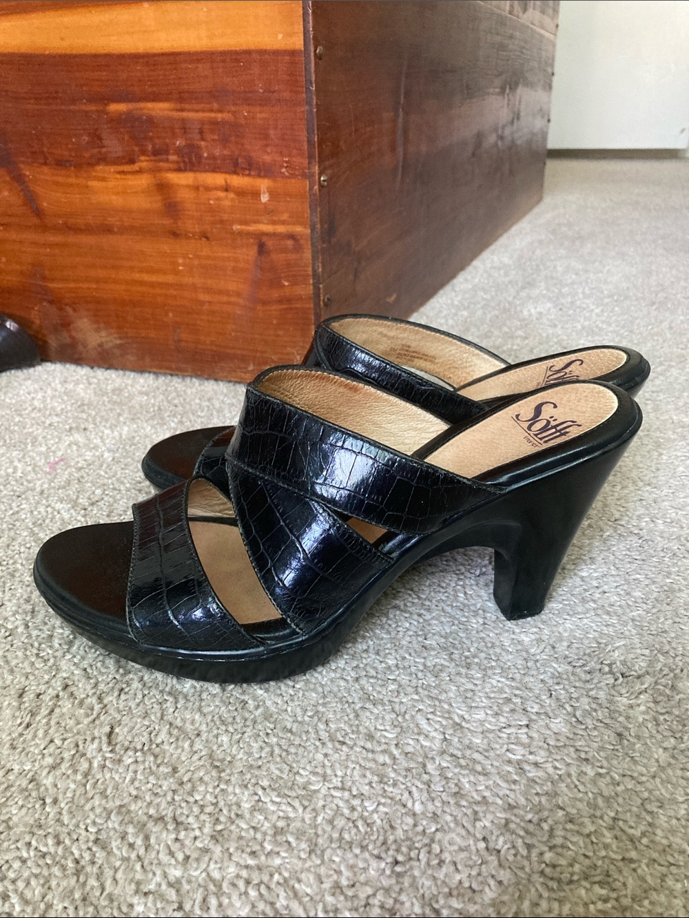 Black Croc-Embossed Leather Slide Heels